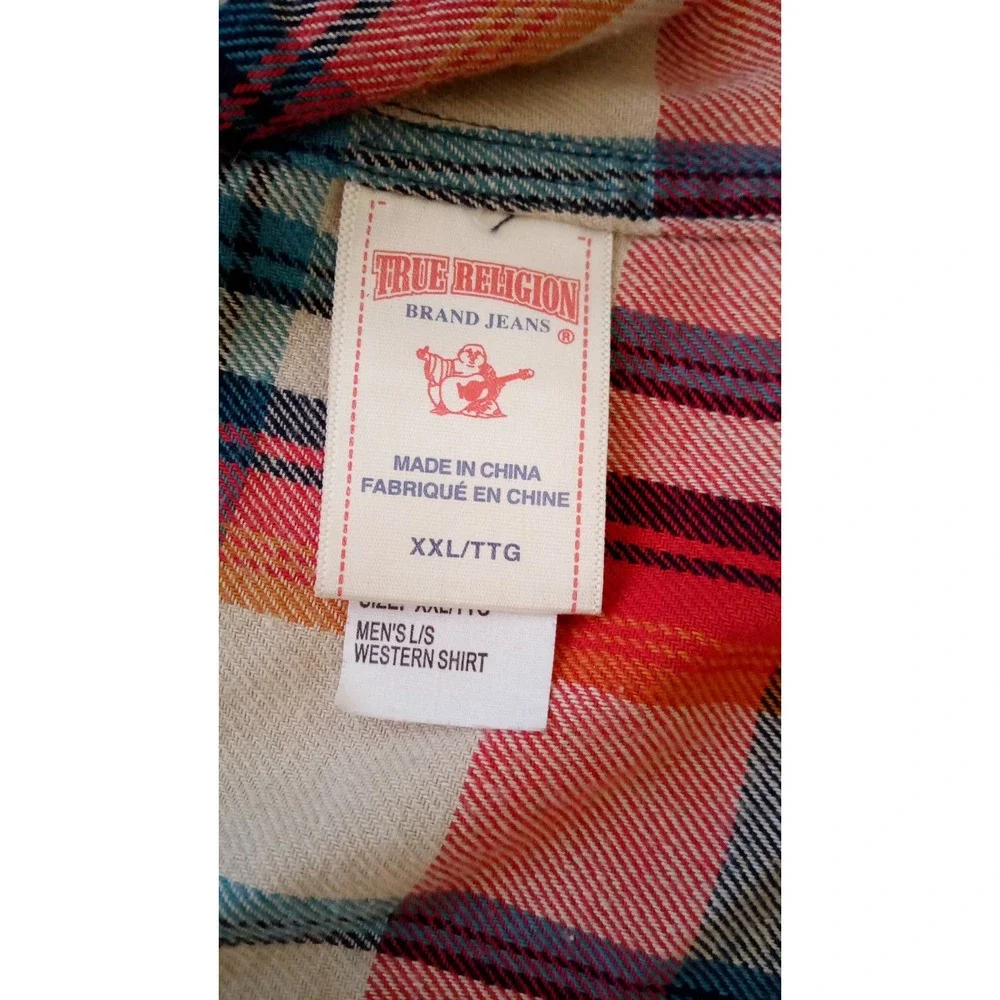 True Religion Mens 2XL Shirt Western Plaid Pearl Snap Long Sleeves TIGHT FITTING